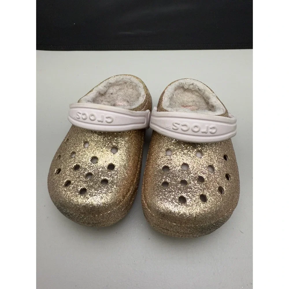 Kids Crocs Classic Glitter Lined Clogs Childrens Warm Fuzz Slippers Shoes Sz C7